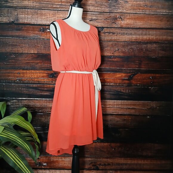 Double Zero Dress Large Belted Elastic Waist Flowy Sheer Lined Hi Low Keyhole - Picture 6 of 11